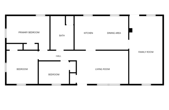 house floorplan, family room, living room, kitchen, dining area, bathroom, hall, bedrooms