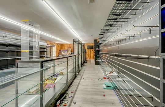 glass display cases, display racks, vinyl flooring