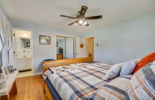 bedroom, closet, ceiling fan, bathroom, hardwood flooring