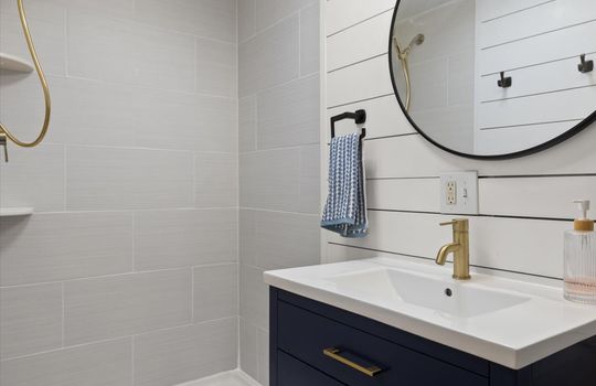 bathroom, shiplap, tile shower, sink