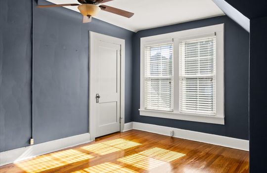 bedroom, closet, windows, ceiling fan, hardwood flooring