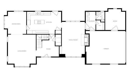 main level floorplan, garage, room, bathrooms, laundry room, family room, foyer, living room, kitchen, dining area