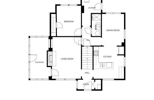 main level floorplan, foyer, living room, kitchen, dining room, laundry, bedroom, sunroom, living room