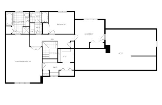 Upper level floorplan, primary bedroom, primary bathroom, baths, bedrooms, walk in closets, attic