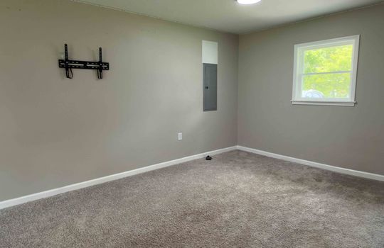 family room/den, window, carpet, tv mount, electric panel