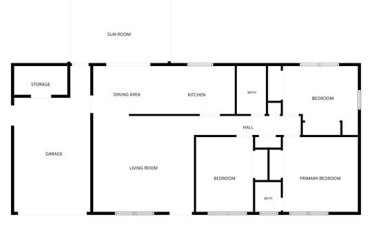 floorplan, bedrooms, hall, bathroom, half bath, living room, kitchen, dining area, sunroom, garage, storage