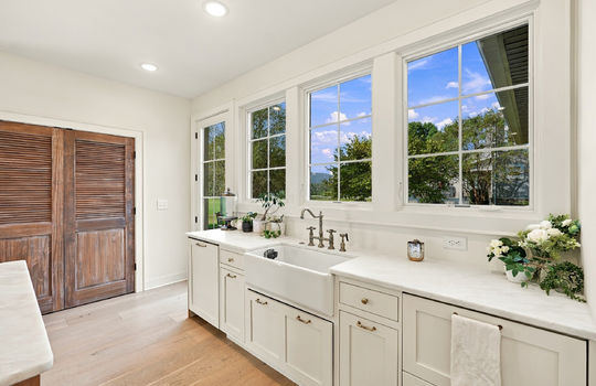 kitchen, pantry, windows, sink, exterior door, apron sink, refrigerated drawers, marble countertops