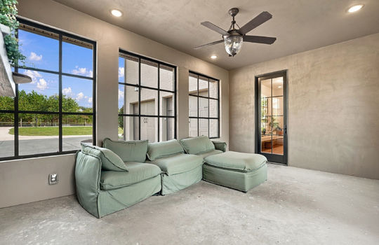sunroom/ enclosed porch, recessed lighting, windows, ceiling fan