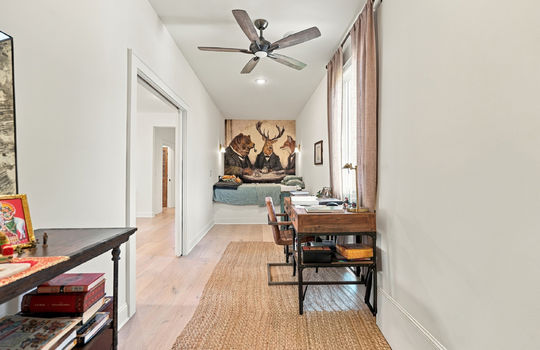bedroom, ceiling fan, hardwood flooring, window, built in bed