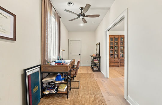 bedroom, hardwood flooring, closet, ceiling fan, window