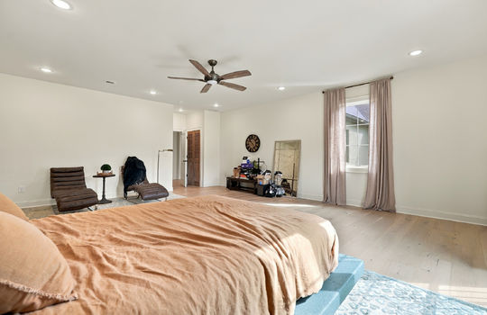 bedroom, window, recessed lighting, ceiling fan, hardwood flooring