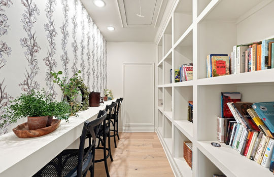 built-in shelving, bulit-in countertop, hardwood flooring, recessed lighting