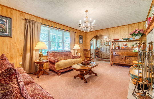living room, carpet, paneling walls, fireplace, arched doorway to foyer, window, carpet