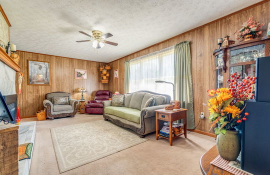 family room, fireplace, carpet, paneling walls, windows, ceiling fans