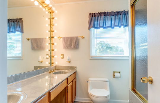 bathroom, double sink vanity, shower/tub, glass shower door, toilet