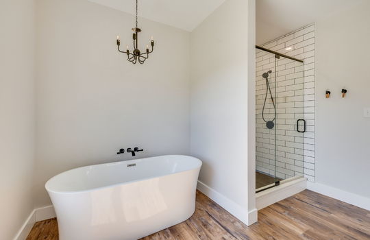 primary ensuite bath, bathtub, chandelier, walk-in shower, glass shower door, luxury vinyl flooring
