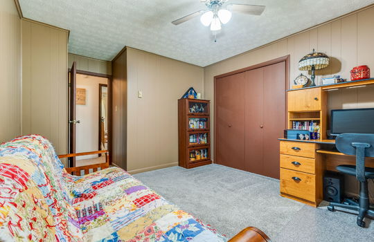 bedroom, carpet, painted paneling walls, ceiling fan, closet