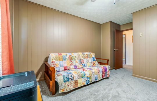 bedroom, painted paneling walls, carpet, door