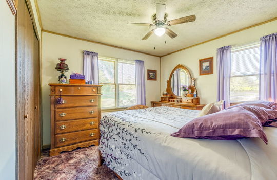 bedroom, carpet, ceiling fan, closet, windows, painted paneling walls