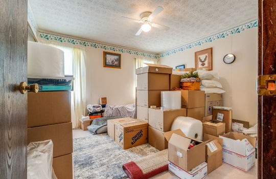 fourth bedroom, paneling walls, ceiling fan, windows, carpet