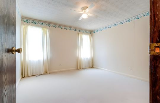 bedroom, digitally altered photo removing furniture from room, carpet, ceiling fan, painted paneling walls, windows