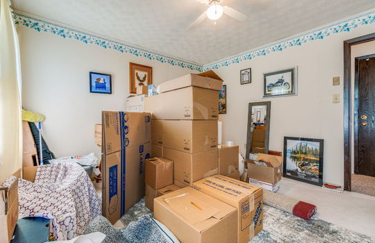 fourth bedroom, ceiling fan, carpet, painted paneling walls