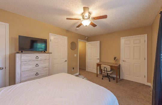 bedroom, carpet, ceiling fan, closet