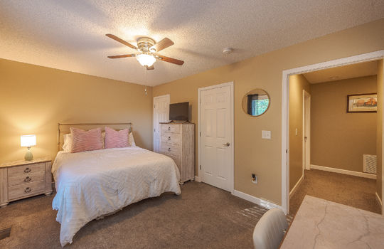 bedroom, carpet, ceiling fan, closets