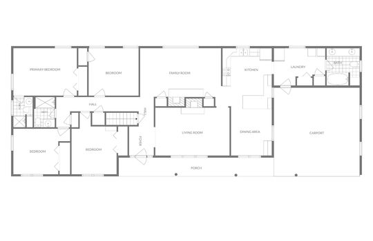 main level floorplan, bedrooms, family room, living room, dining area, kitchen, carport, laundry room, bathrooms