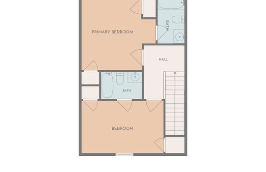 second floor floorplan, primary bedroom with bathroom, second bedroom with bathroom, hall, stairs