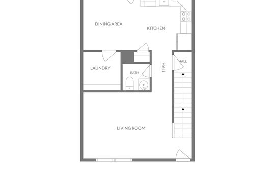 main level floorplan, dining area, kitchen, hall, bathroom, laundry room, living room, stairs