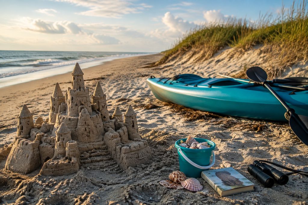 Editorial illustration of a sandcastle, kayak, and beach-learning tools on the Galveston coast.