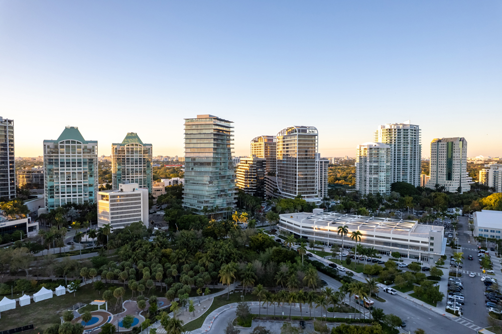 Coconut-Grove,-Sunset,-Aerial-view,-Marina,-Miami-skyline,-Waterfront,-Boats,-Tropical-city,-Urban-landscape,-Coastal-view