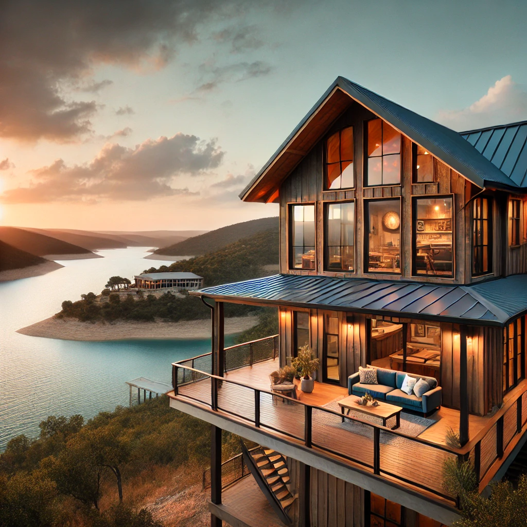 DALL·E 2024-07-29 19.59.33 – A beautiful house overlooking Lake Buchanan in Texas Hill Country. The house has a modern rustic design with large windows and a spacious deck. The la