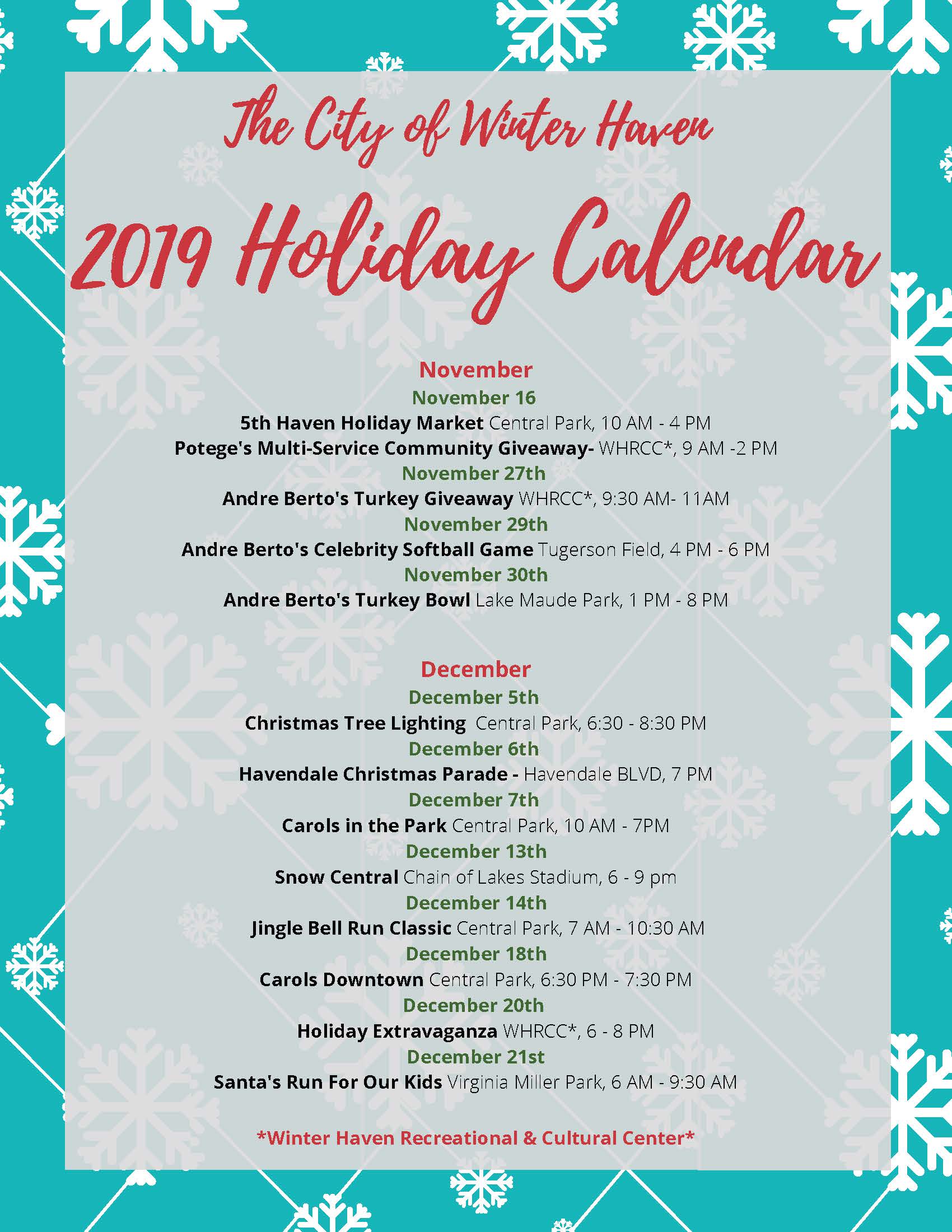 city of winter haven holiday calender 2019