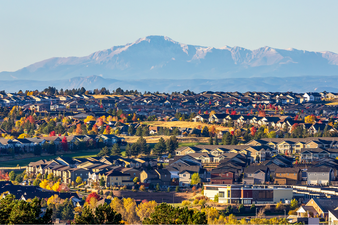 Denver Metro Area Residential Autumn Panorama with the view of the Front Range mountains 1