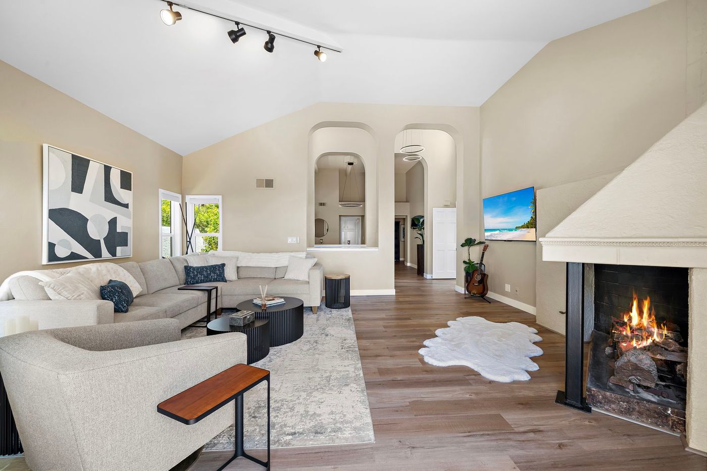 Bright living room with a fireplace in an Orange County home