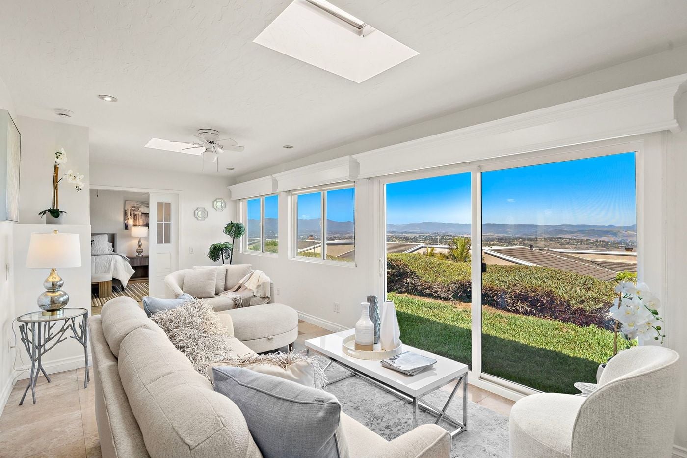 Living room with ocean views in a Laguna Niguel home prepared for market