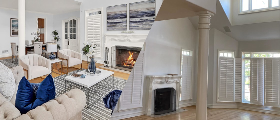 Light filled Orange County living room with fireplace and coastal styling
