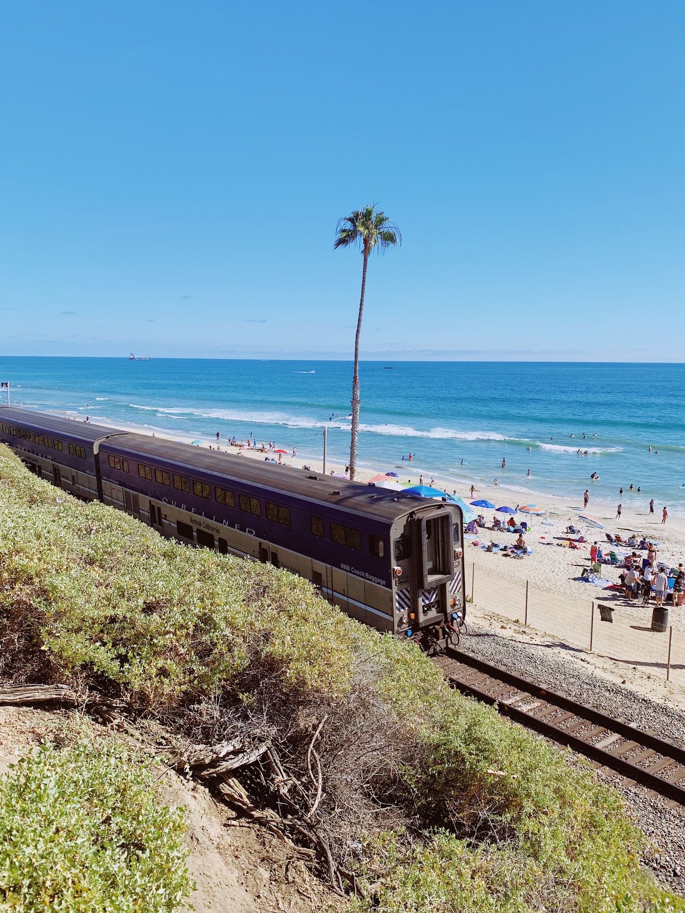 The coastal rail line along the San Clemente shore