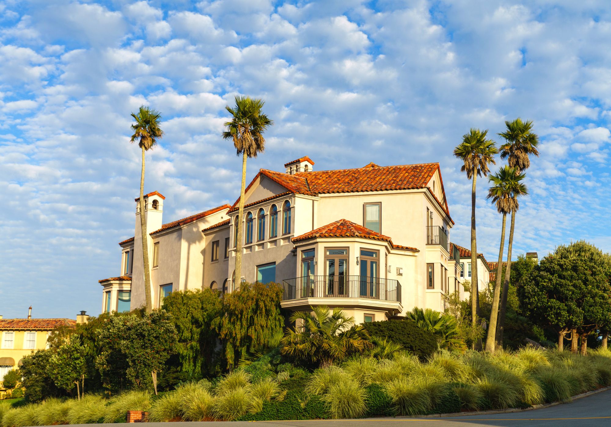 Mediterranean style home framed by palms