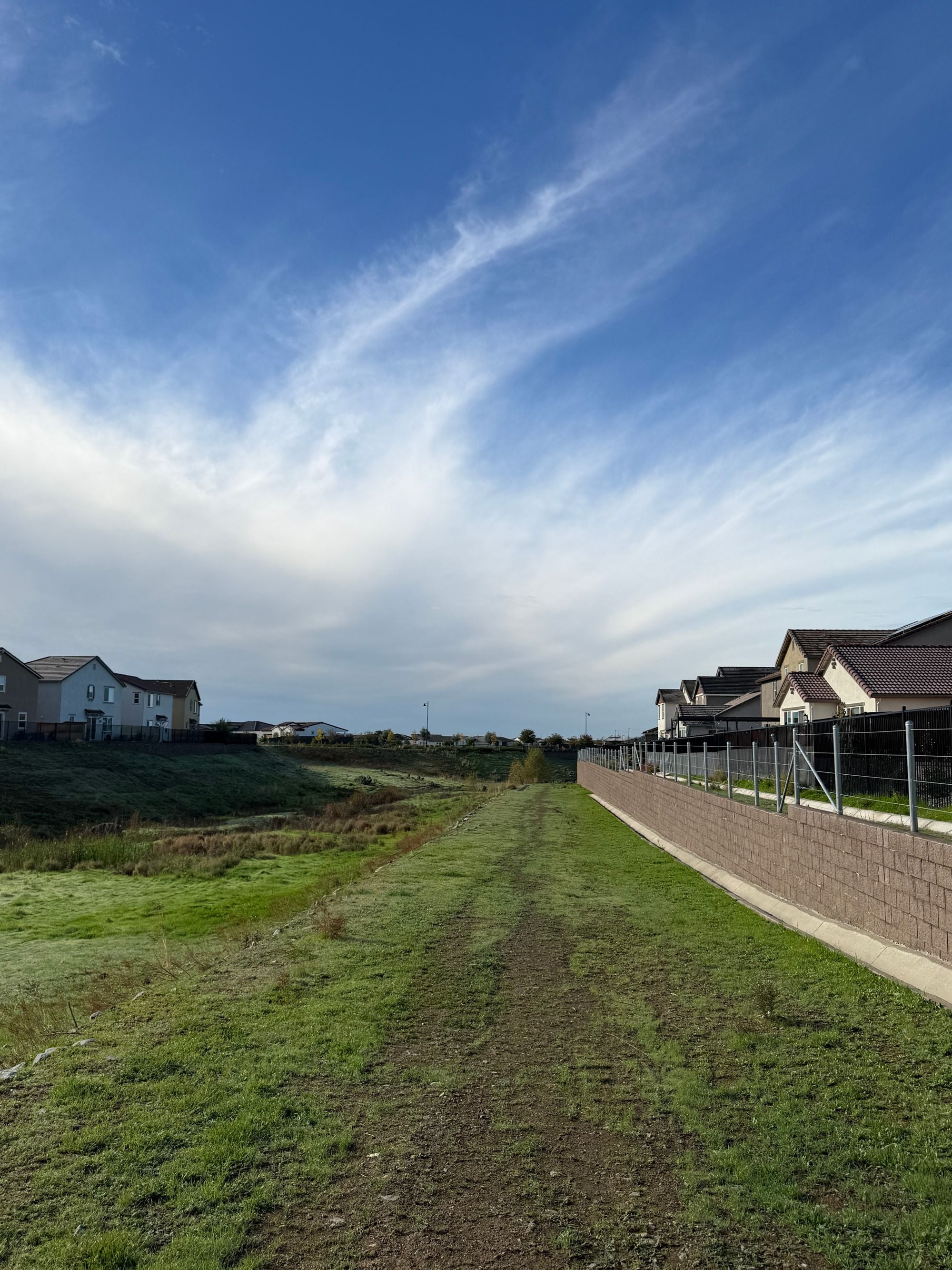 A walking trail running beside modern homes under an open sky