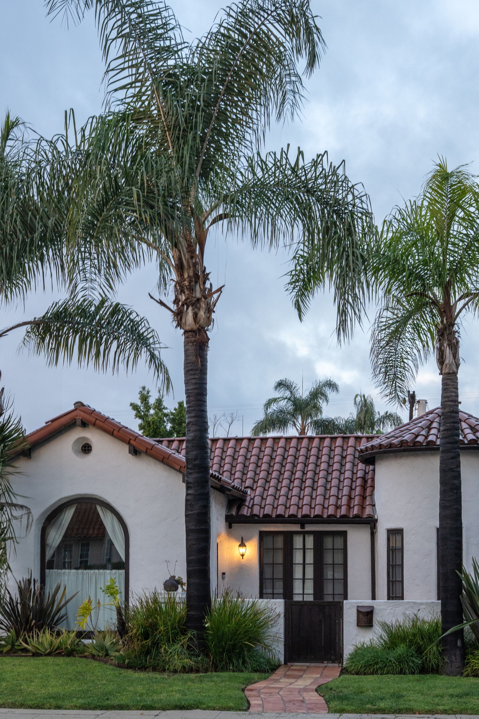 Spanish tile roof with palms against the sky