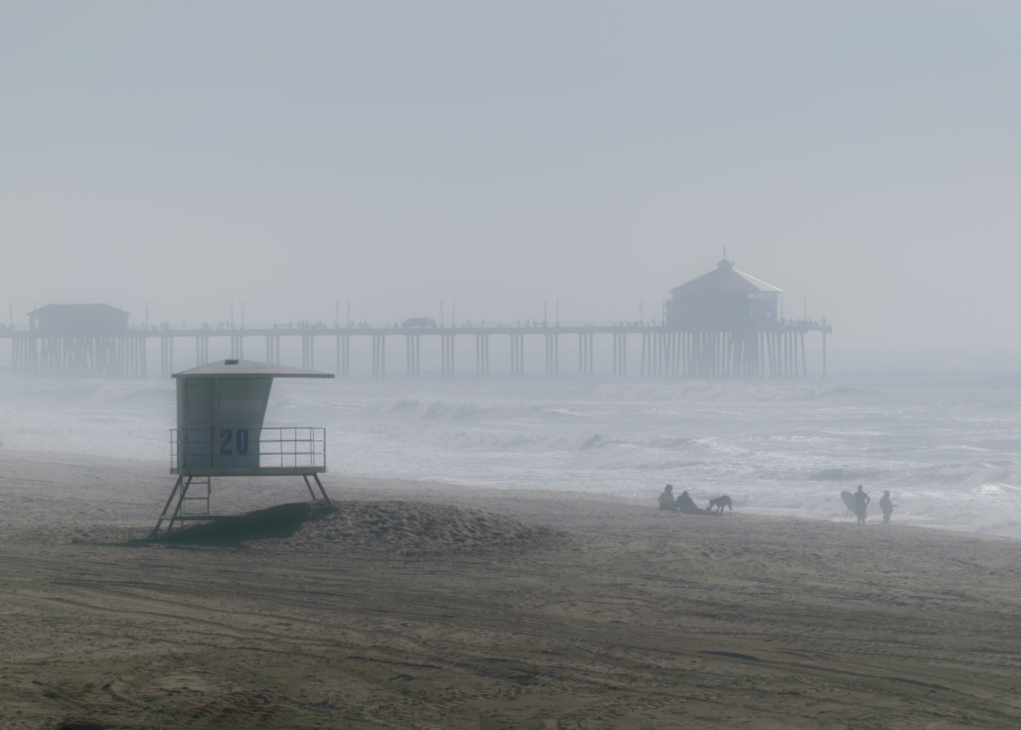 A lifeguard tower on a misty Southern California beach