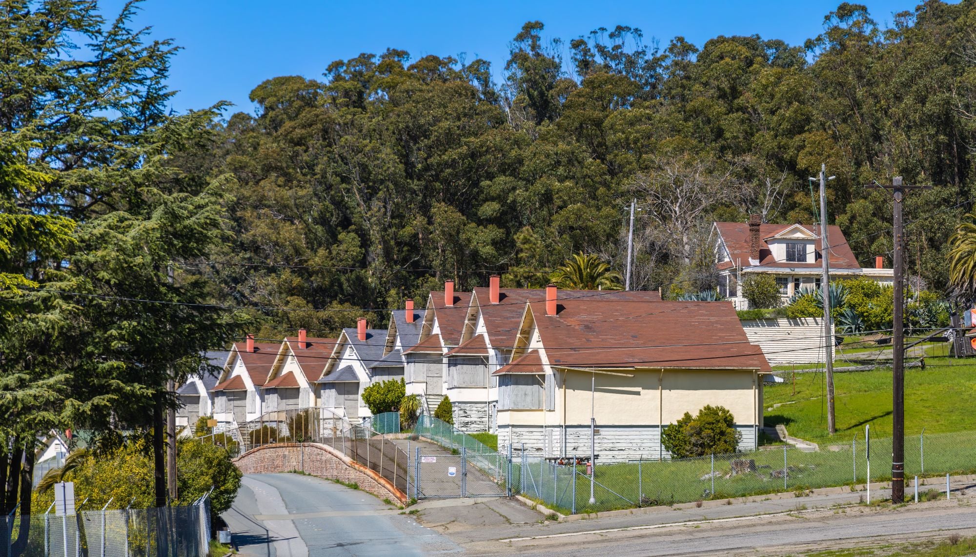 A row of older houses with a green backdrop on a sunny day