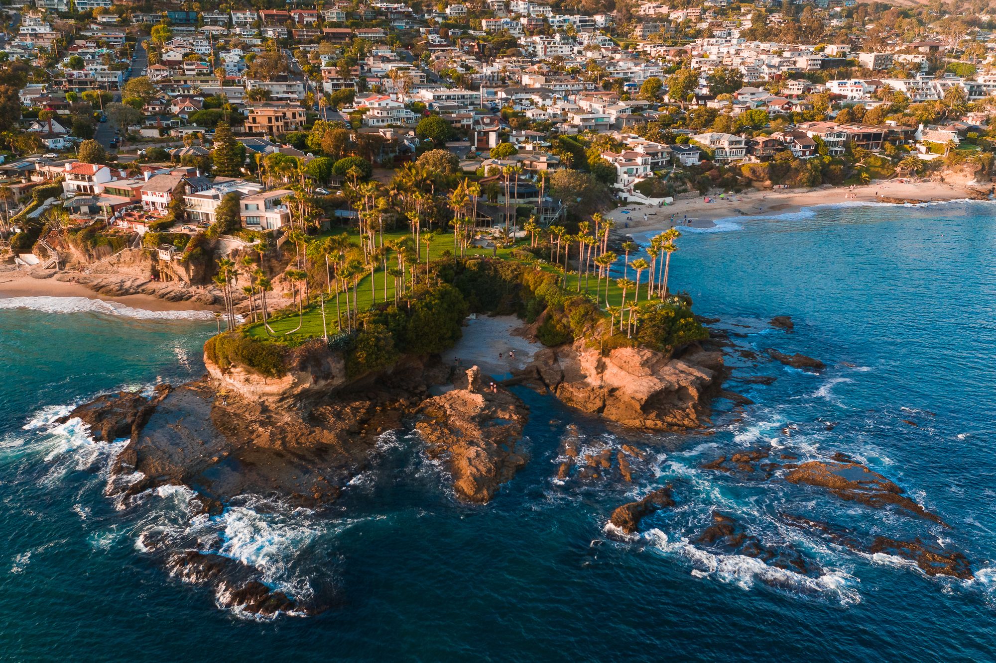 Aerial view of a rocky Southern California coastline with palm trees and surf
