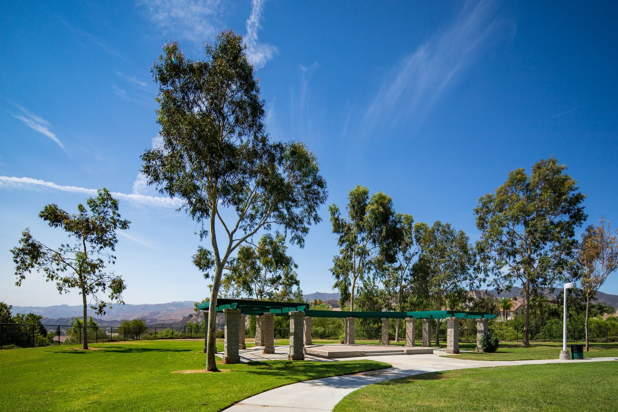 An open park lawn with mature trees under a clear blue sky