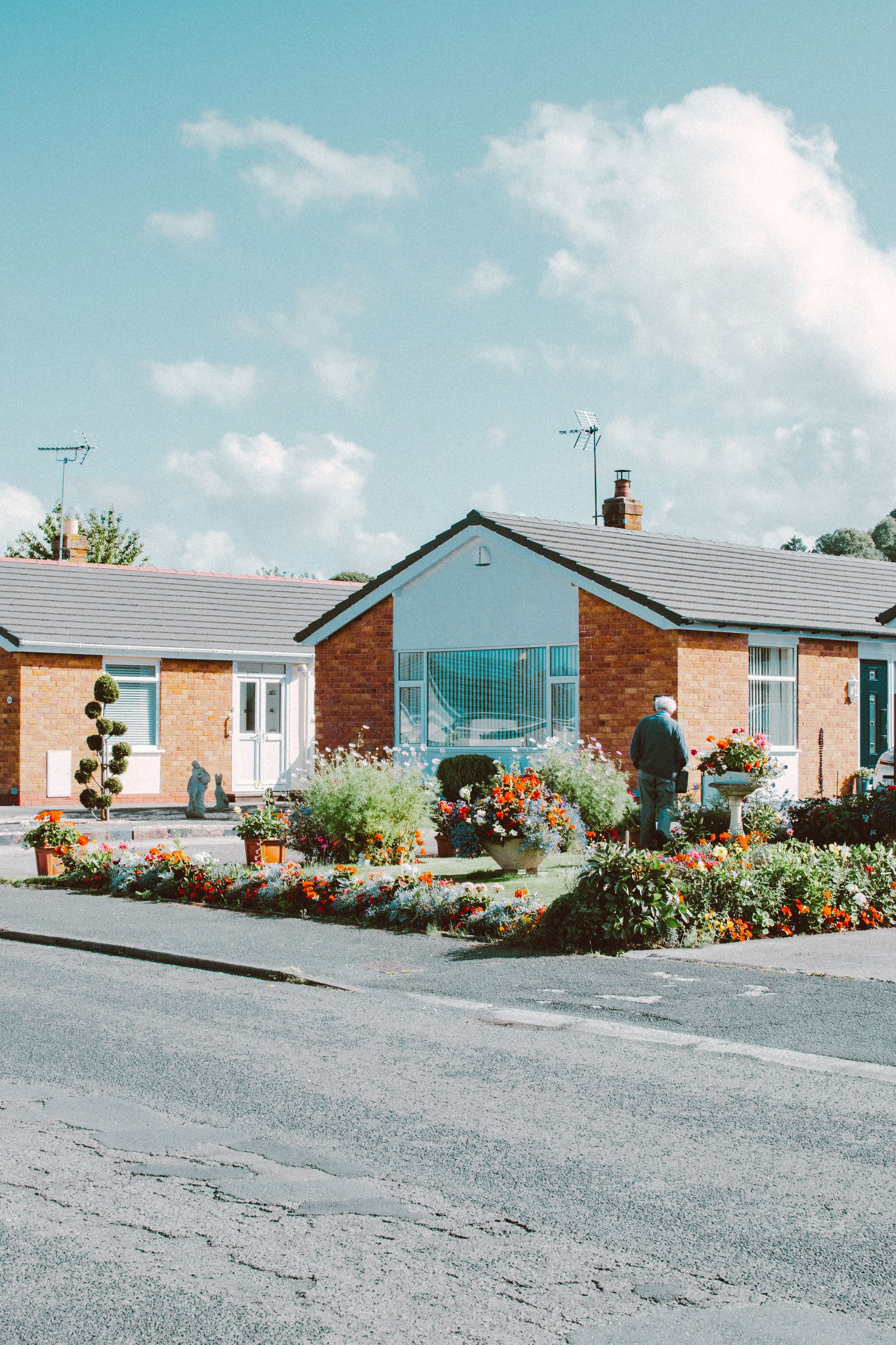 A suburban bungalow with a garden in full bloom on a sunny day