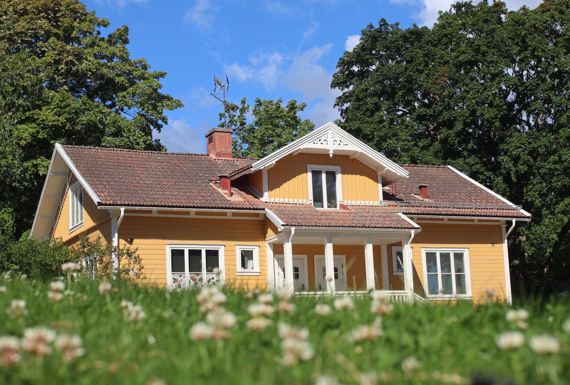 A bungalow with a tiled roof surrounded by greenery under a bright sky