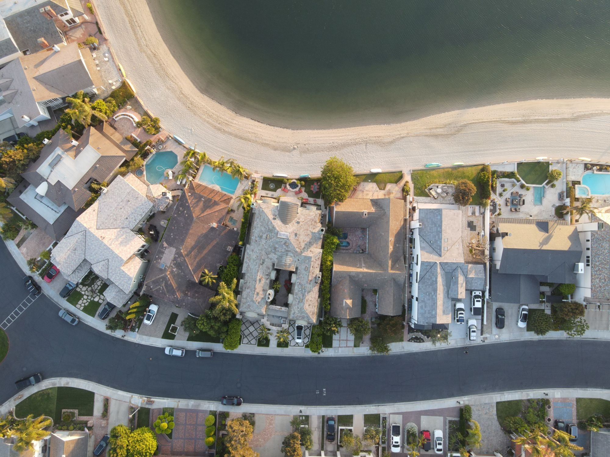 Aerial view of homes lining a Southern California beach